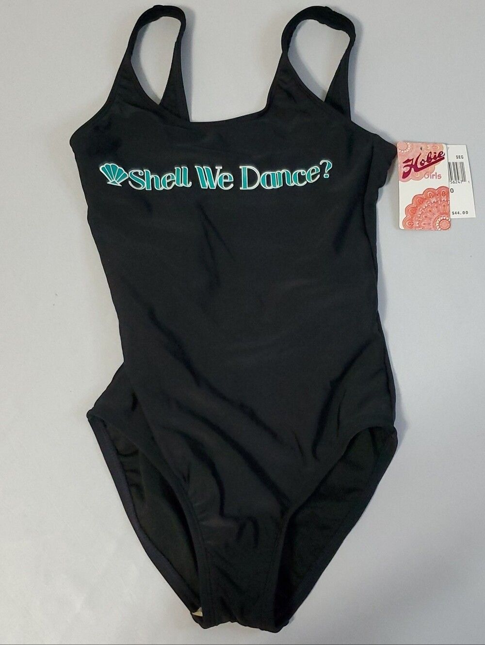 Hobie NWT Black One-Piece Strap Back Swimsuit W/Teal "Shell We Dance" Girls 10